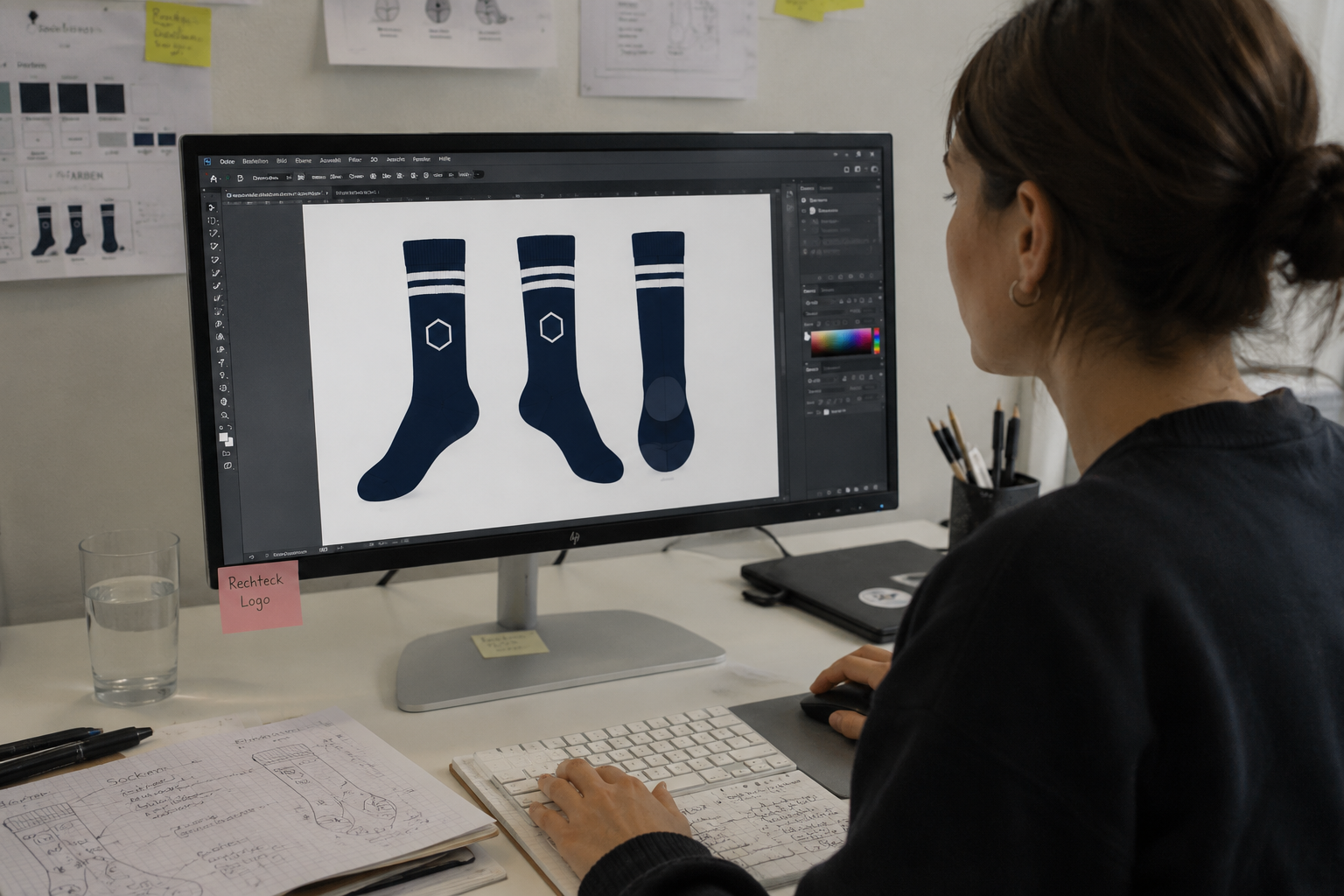 Esempio mockup: designer crea un design personalizzato per calze